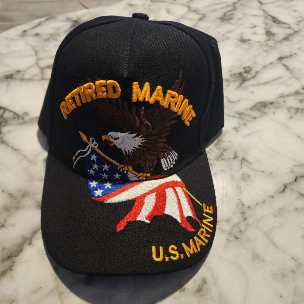 Embroidered Black Retired Marine Cap with Eagle and Flag